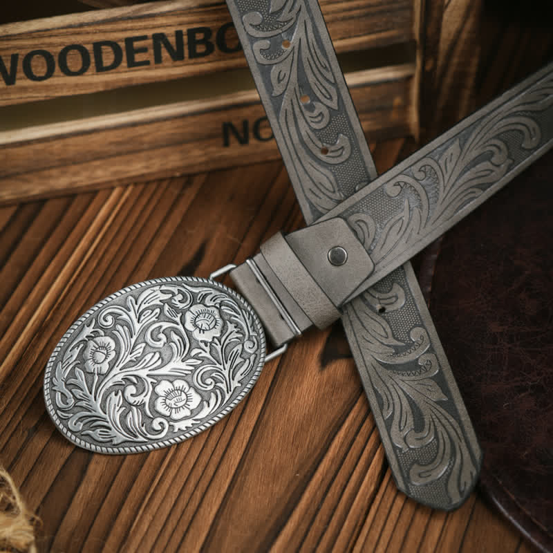 Western Carved Flower Buckle Cowboy Dress Leather Belt - Image 2
