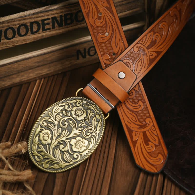 Western Carved Flower Buckle Cowboy Dress Leather Belt - Image 3