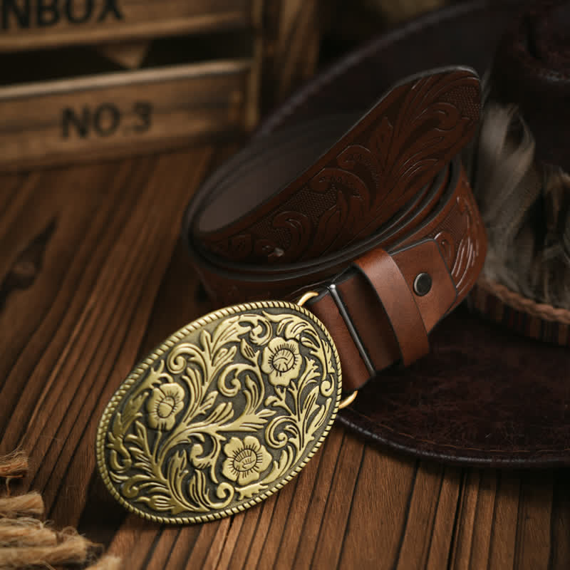 Western Carved Flower Buckle Cowboy Dress Leather Belt - Image 4