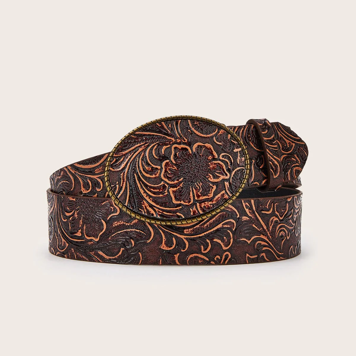 Western Charm Engraved Floral Pattern Leather Belt