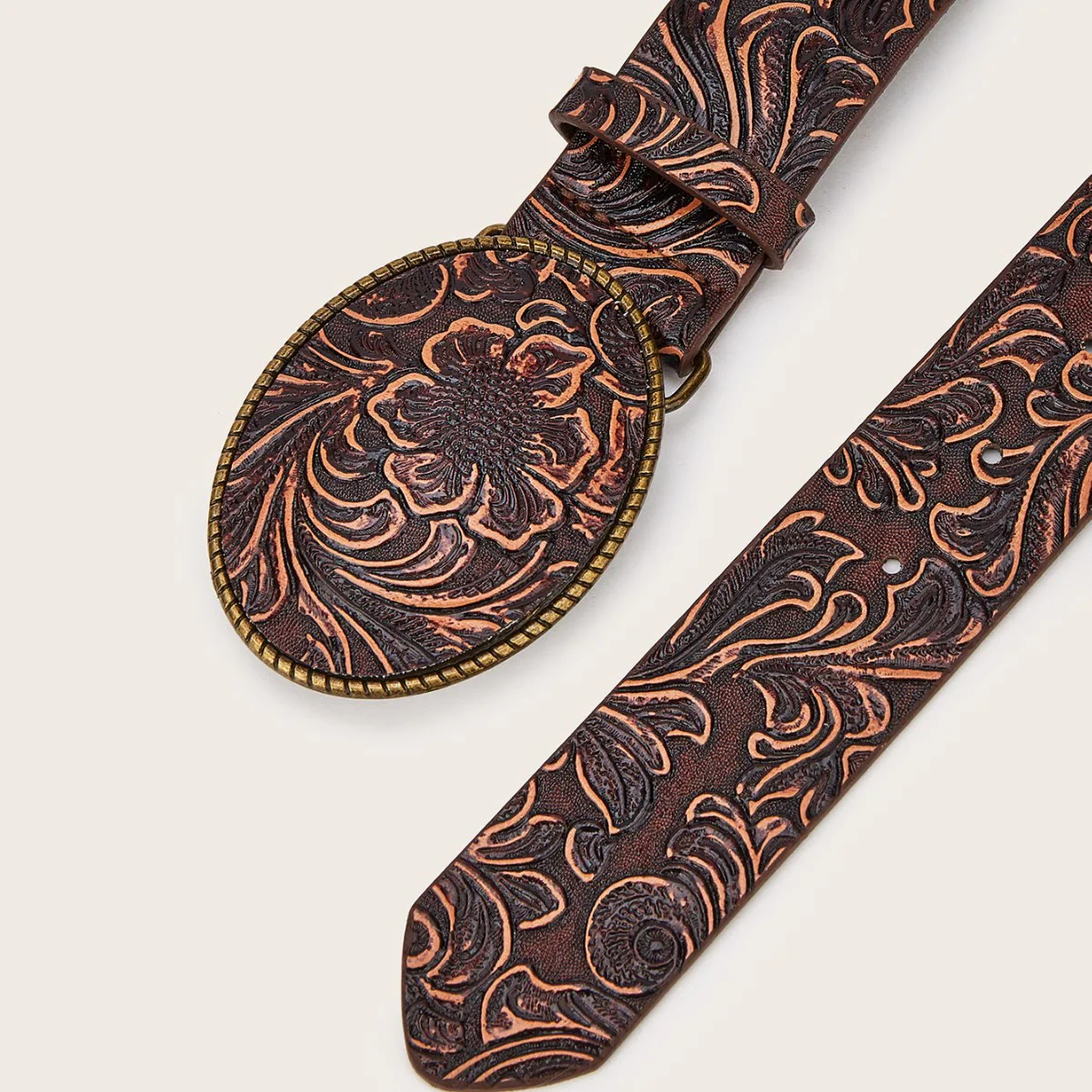 Western Charm Engraved Floral Pattern Leather Belt - Image 3