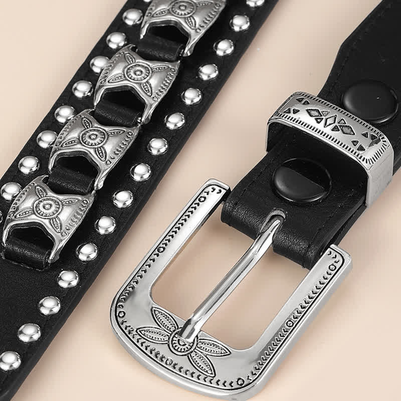 Western Concho Rivet Carved Buckle Leather Belt - Image 4