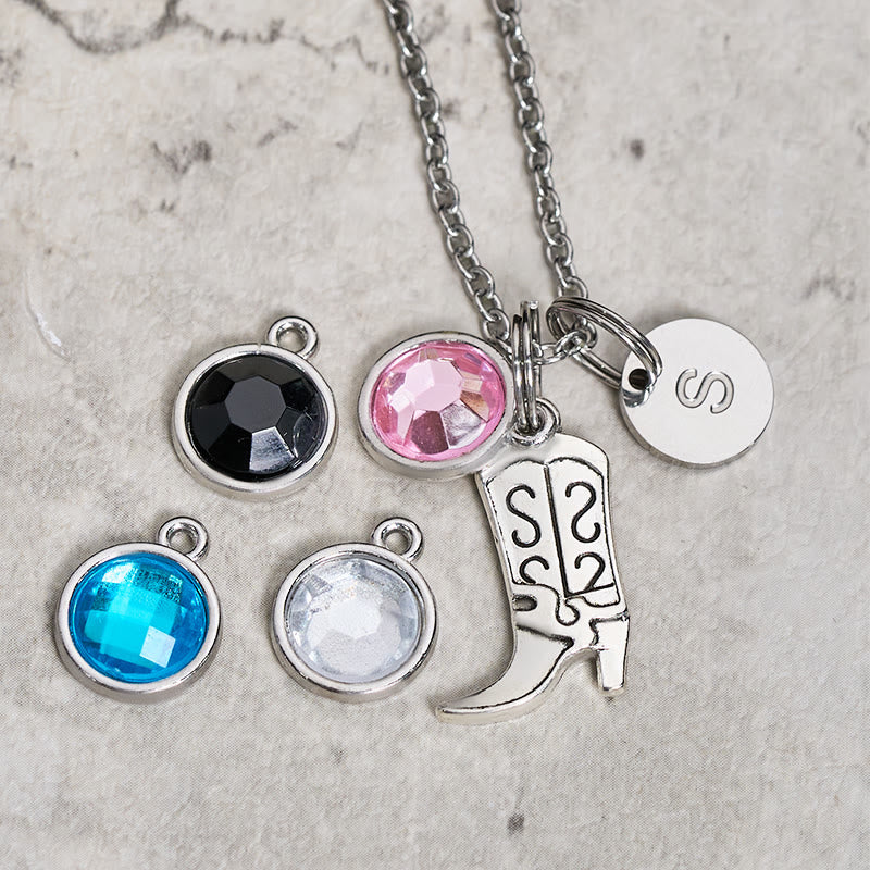 Western Cowboy Silver Boots With Letter Gemstone Pendant Necklace
