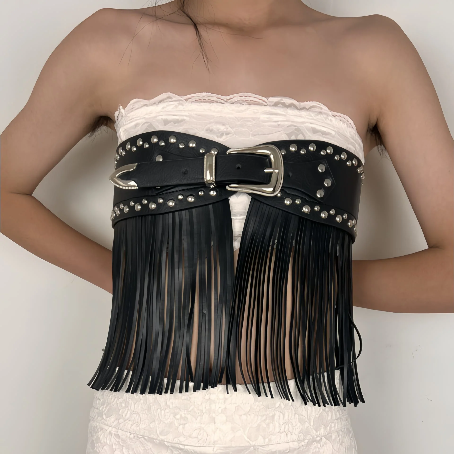 Western Cowboy Women's Hippie Tassel Leather Corset Belt - Image 2