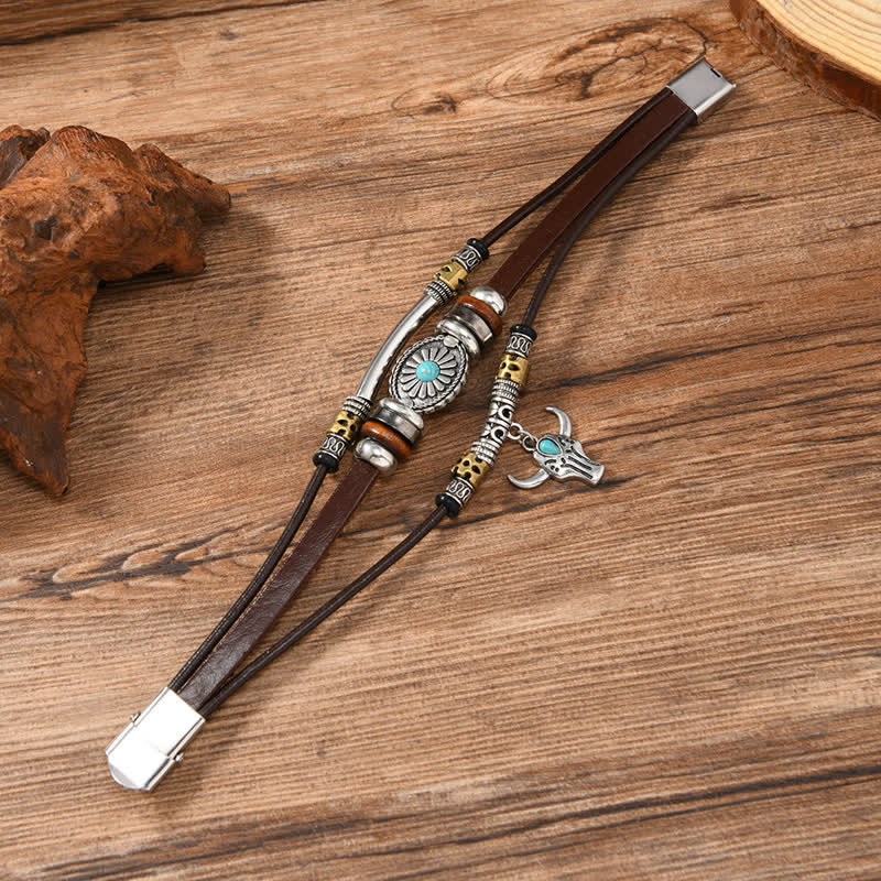 Western Essential Bull Skull Layered Leather Bracelet - Image 3