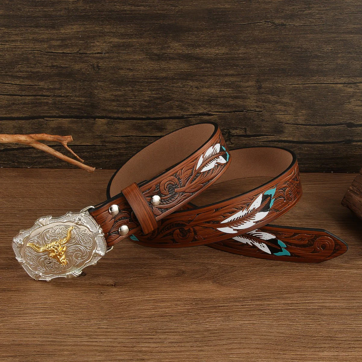 Western Golden Bullhead Buckle Feather Embossed Leather Belt - Image 4