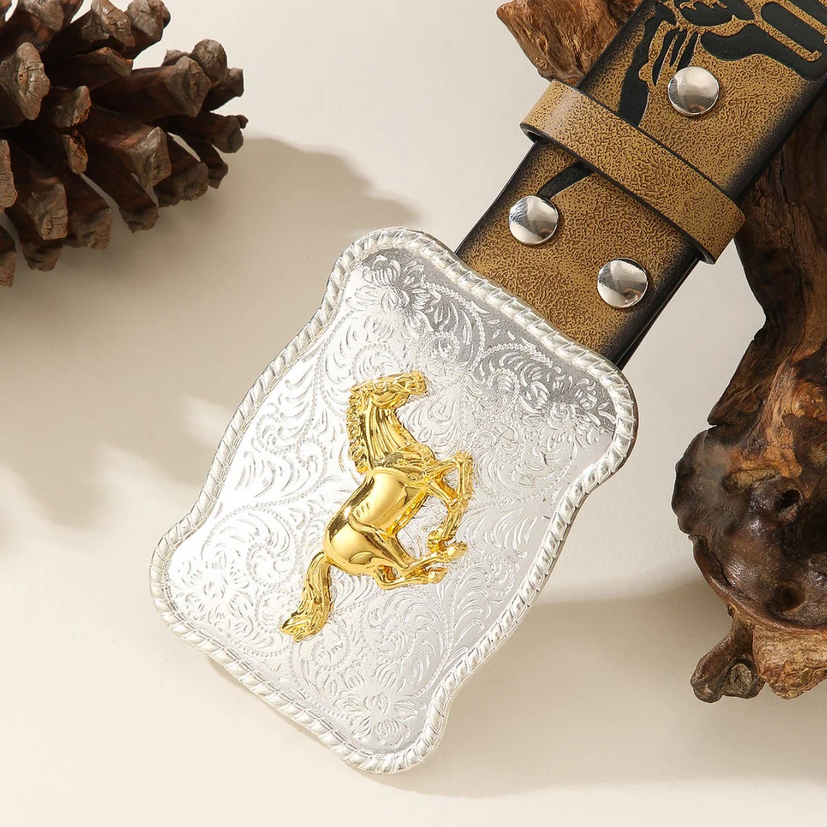 Western Golden Running Horse Silver Buckle Bullhead Embossed Belt - Image 2