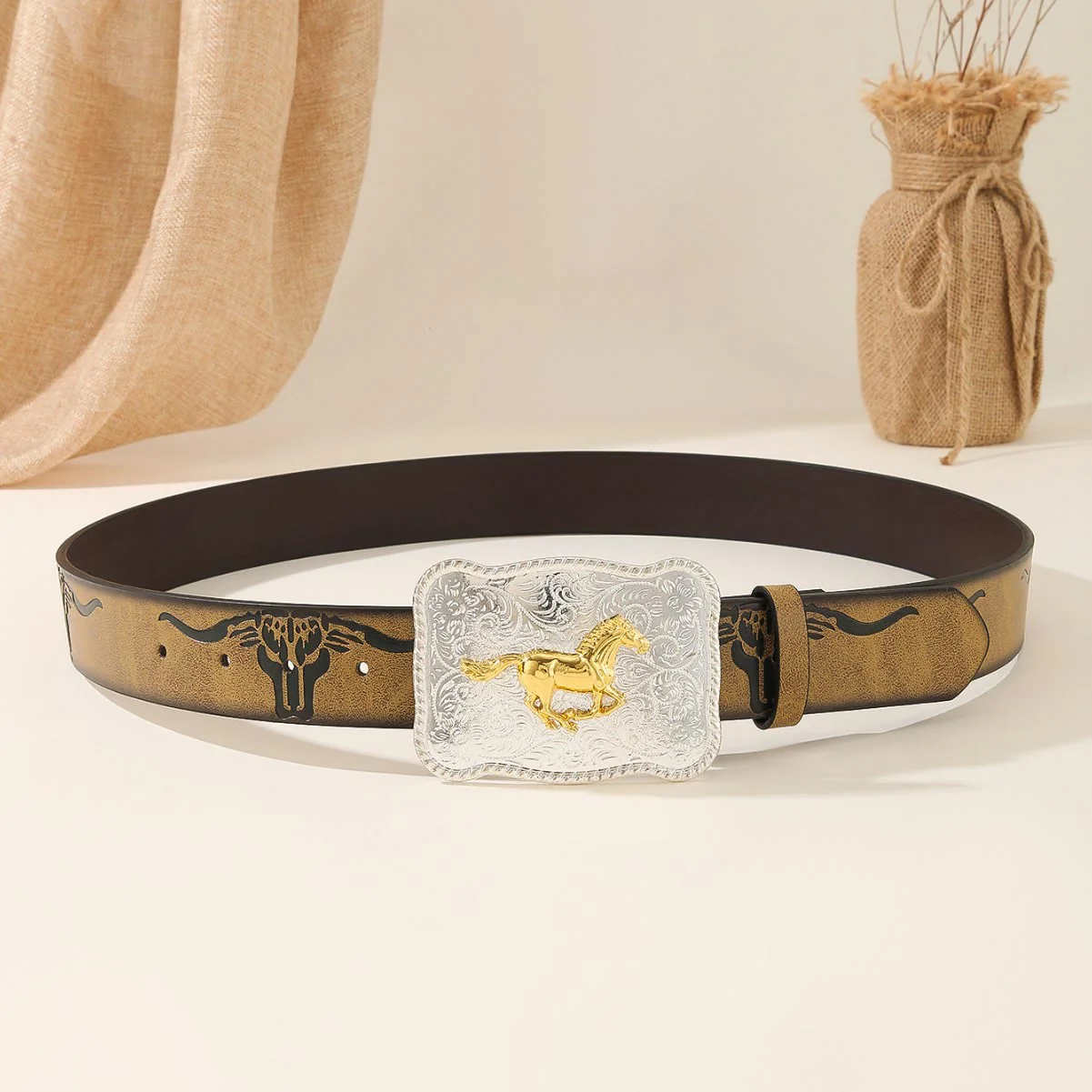 Western Golden Running Horse Silver Buckle Bullhead Embossed Belt - Image 3