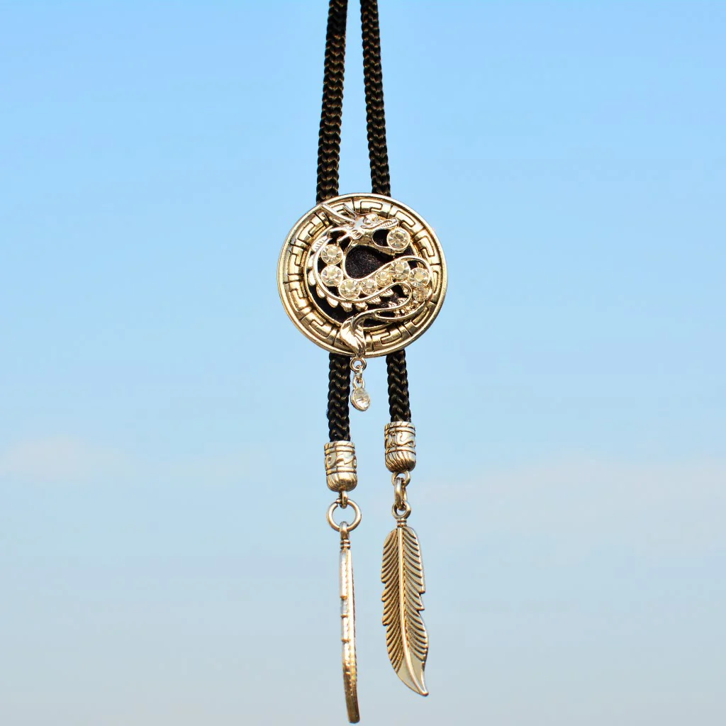 Western Rhinestone Dragon With Feather Bolo Tie - Image 3
