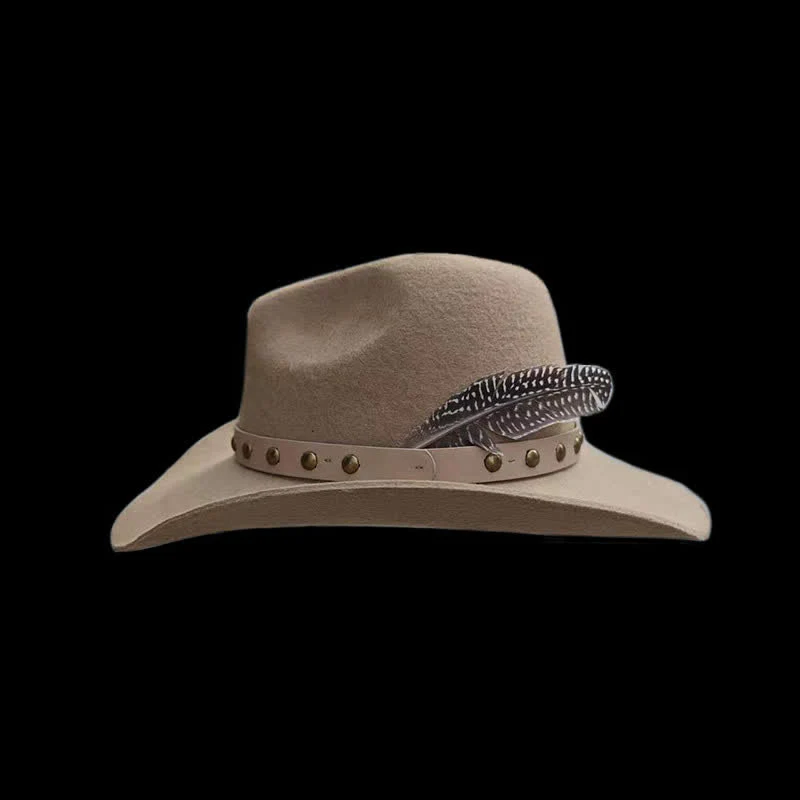 Western Rivets Studded Feather Detailed Cowboy Hat - Image 2