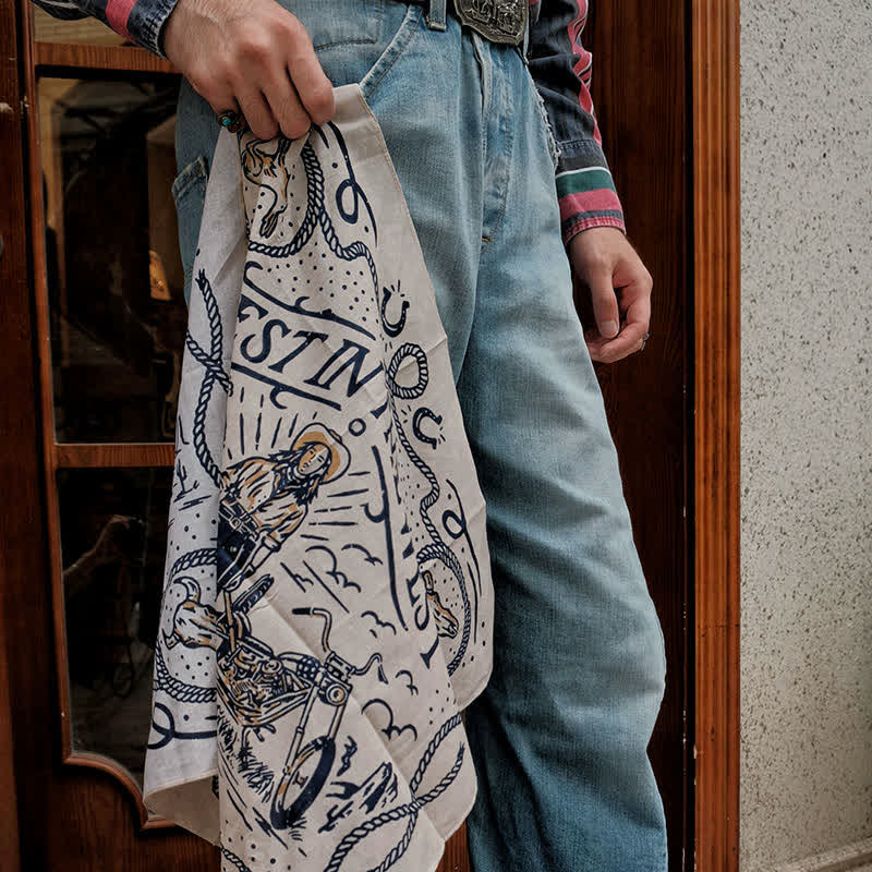 Western Sail Pattern Retro Motorcycle Square Scarf - Image 3