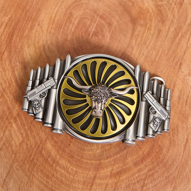 Western Silver Bull Head DIY Rotating Buckle Leather Belt - Image 2