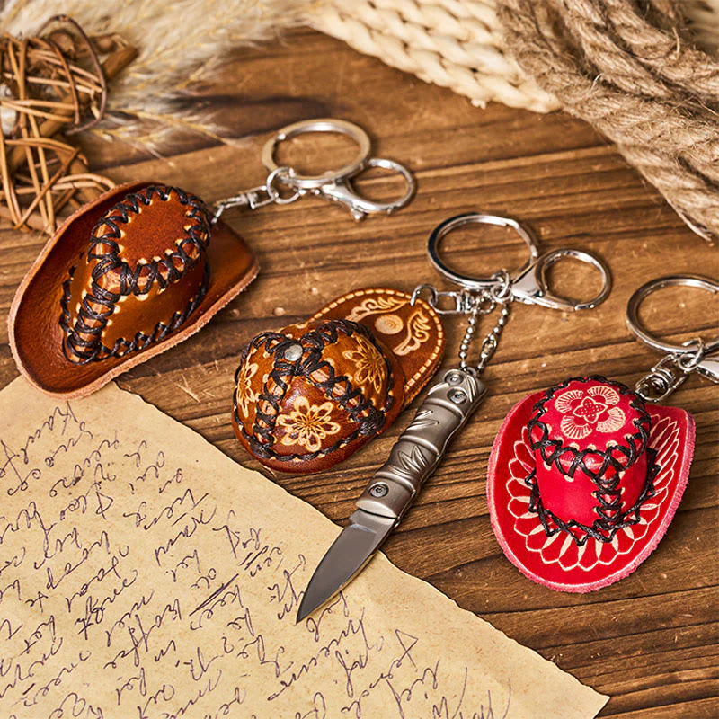 Western Silver Folding Knife Cowboy Hat Pendant Keychain