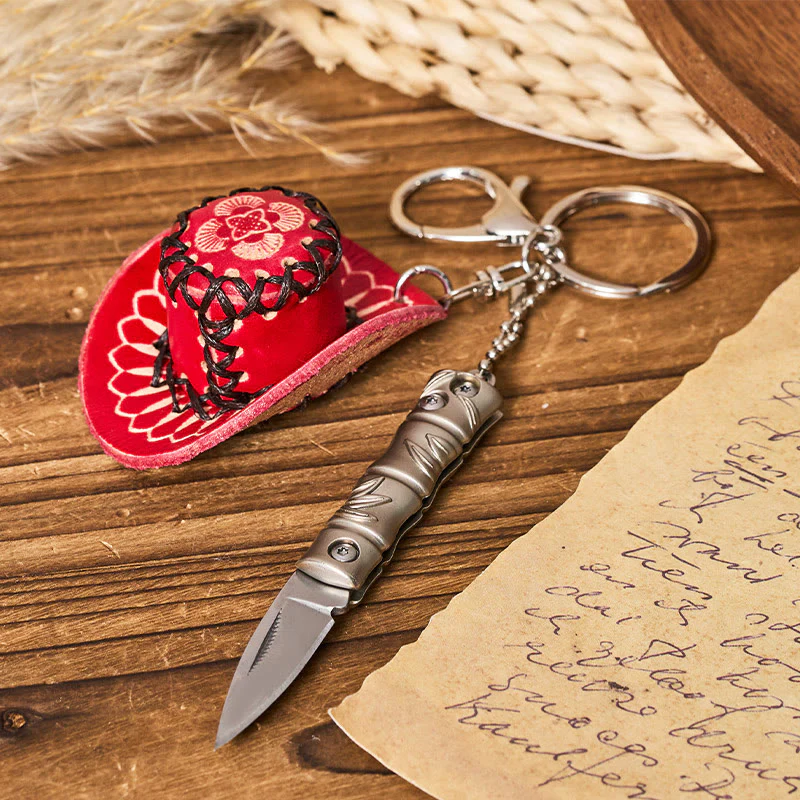 Western Silver Folding Knife Cowboy Hat Pendant Keychain - Image 2