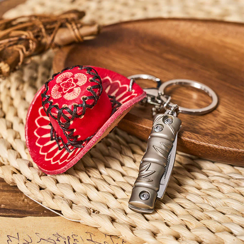 Western Silver Folding Knife Cowboy Hat Pendant Keychain - Image 3
