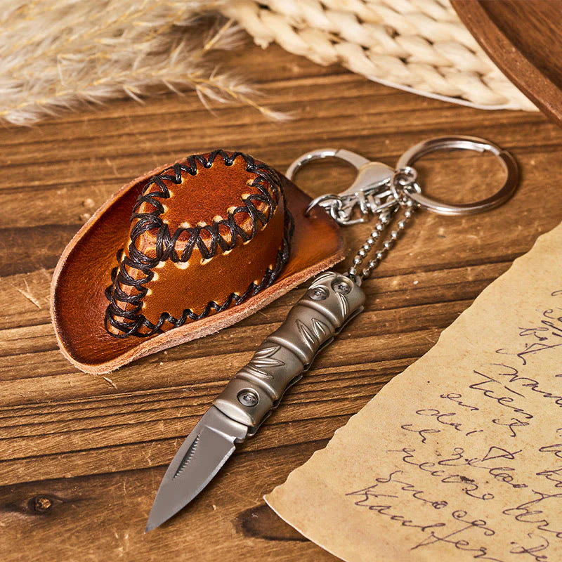 Western Silver Folding Knife Cowboy Hat Pendant Keychain - Image 5