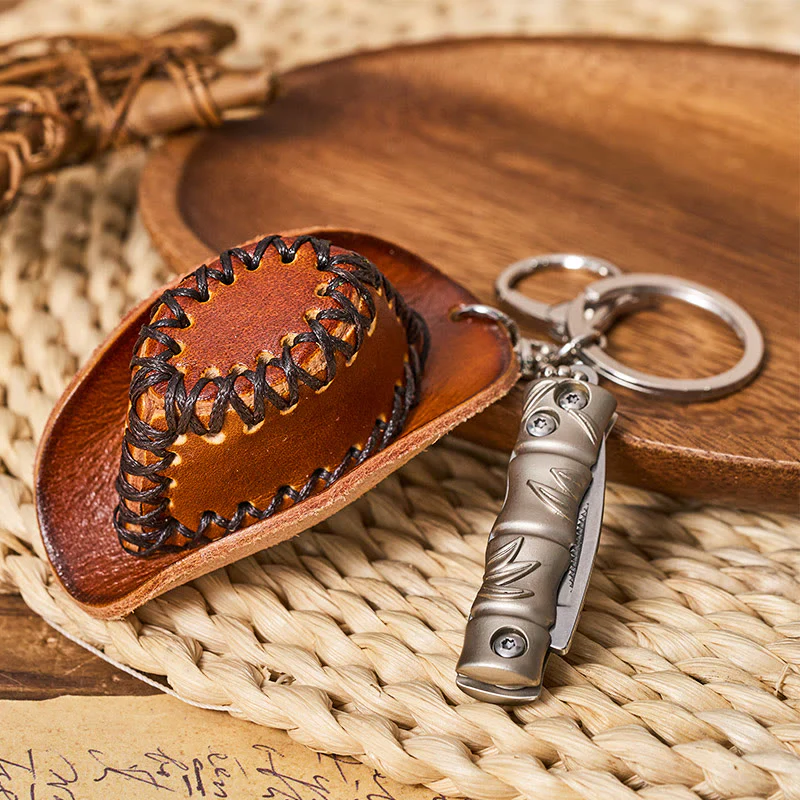 Western Silver Folding Knife Cowboy Hat Pendant Keychain - Image 6