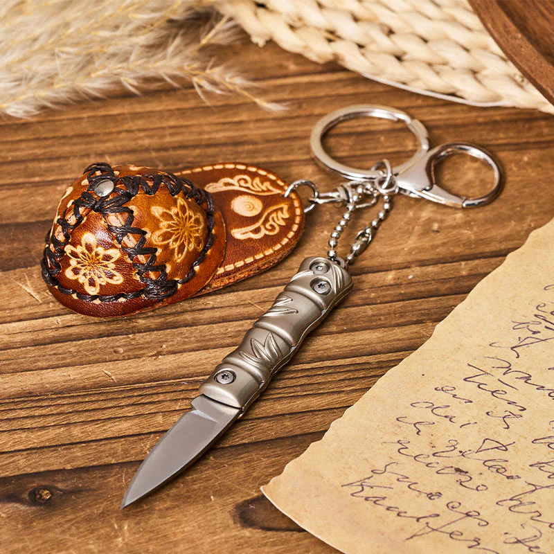Western Silver Folding Knife Cowboy Hat Pendant Keychain - Image 7