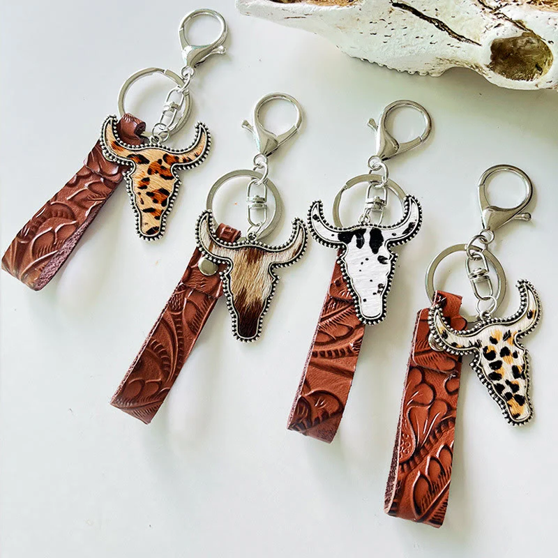 Western Style Brown Leather Bull Pendant Keychain