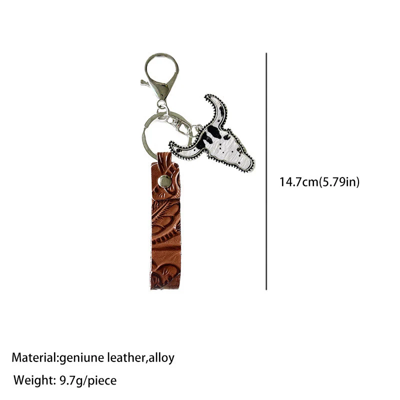 Western Style Brown Leather Bull Pendant Keychain - Image 6