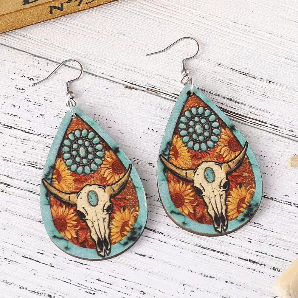 Western Style Bull Head Water Drop Shaped Wooden Earring - Image 2