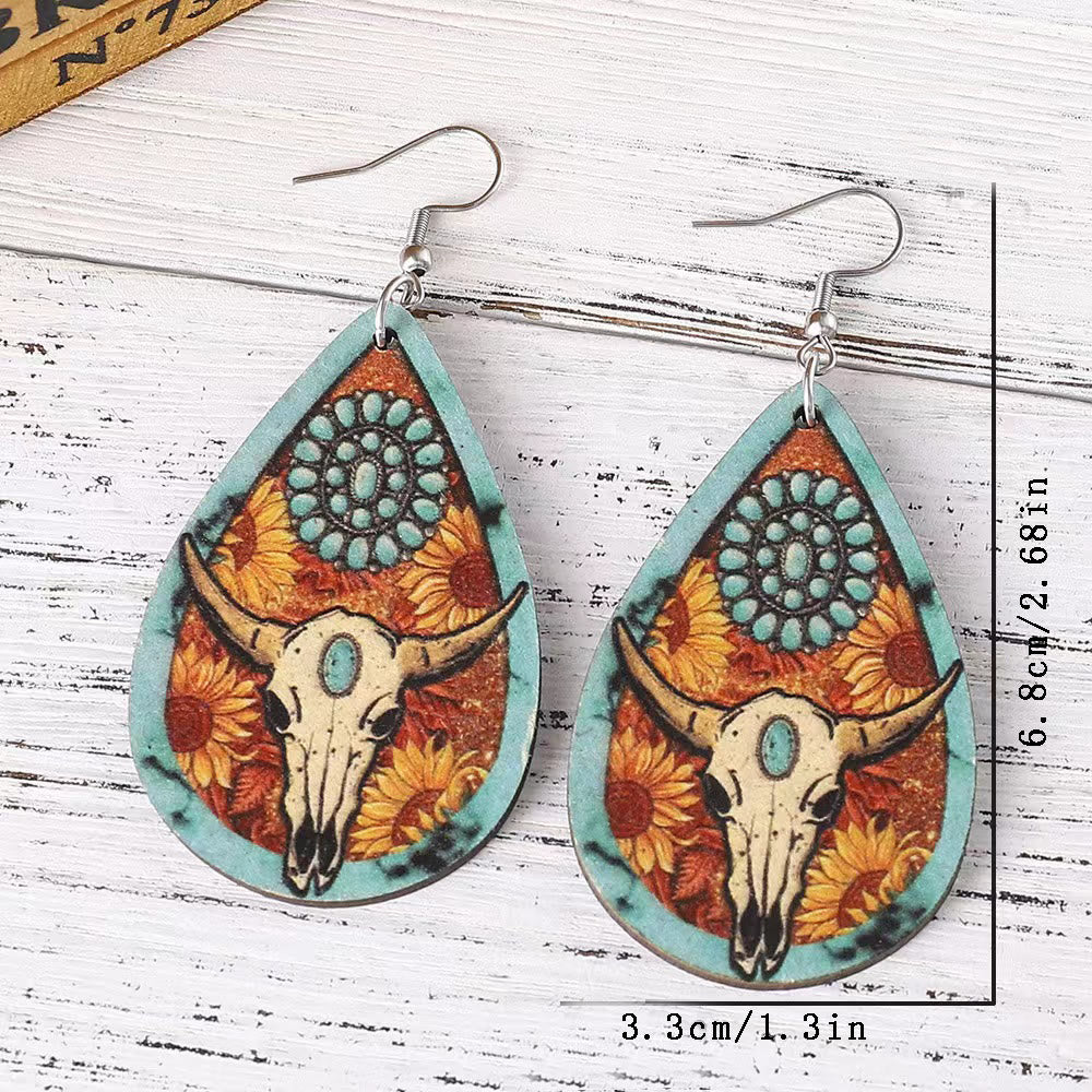Western Style Bull Head Water Drop Shaped Wooden Earring - Image 3