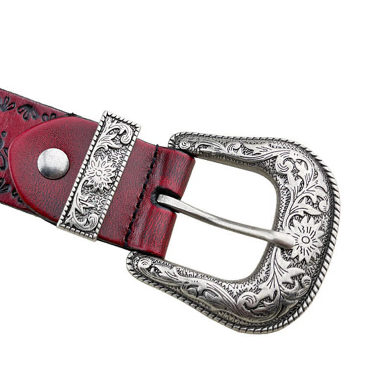 Western Style Floral Engraved Embossed Leather Belt - Image 13