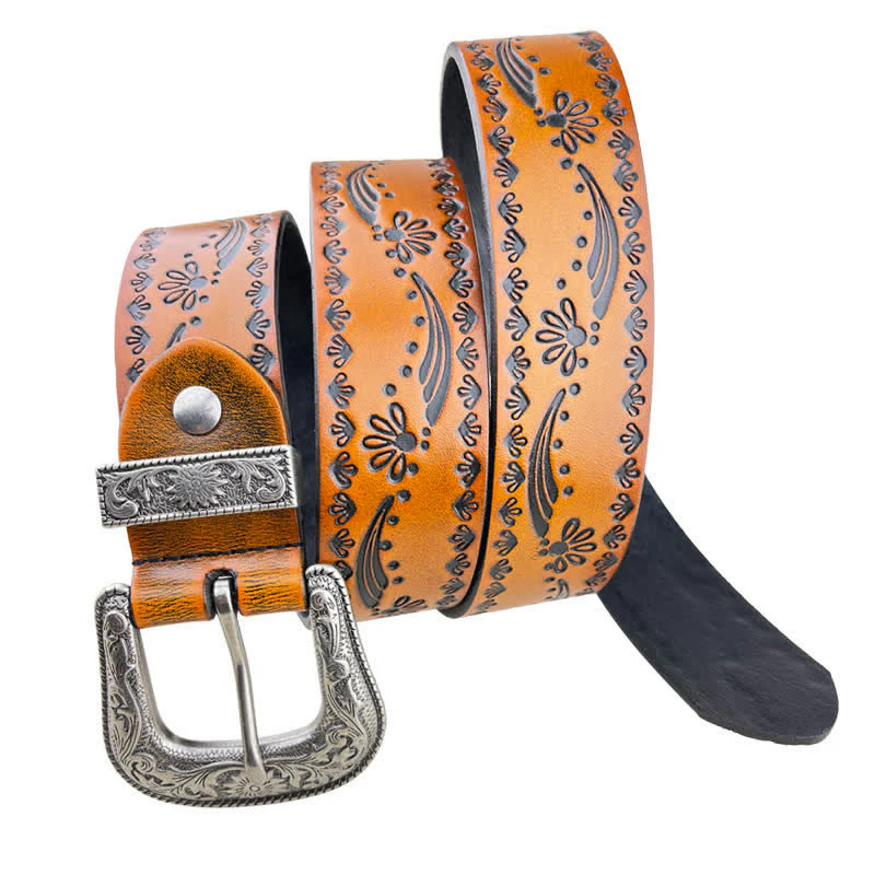 Western Style Floral Engraved Embossed Leather Belt - Image 5