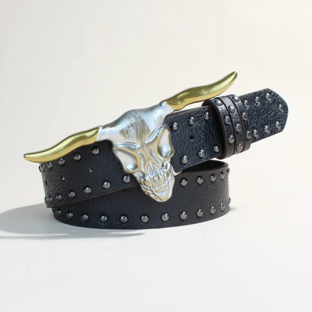 Men's Western Style Golden Longhorn Bull Head Buckle Rivet Belt - Image 2