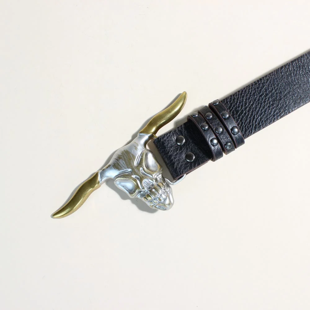 Men's Western Style Golden Longhorn Bull Head Buckle Rivet Belt - Image 3
