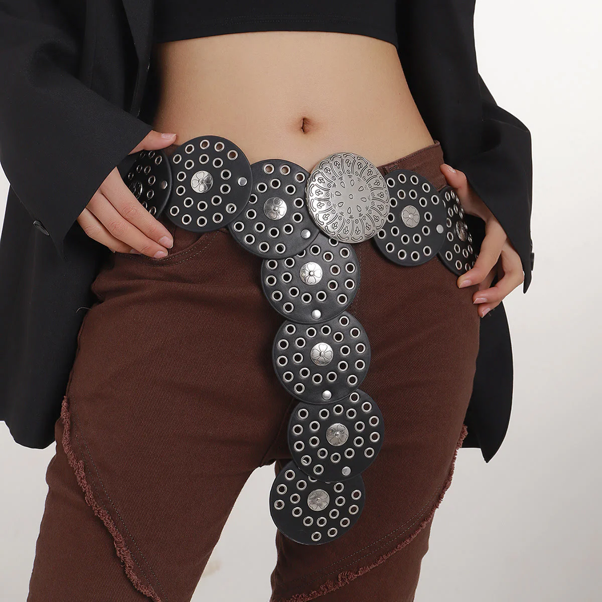 Western Style Hollow Silver Disc Women's Leather Belt