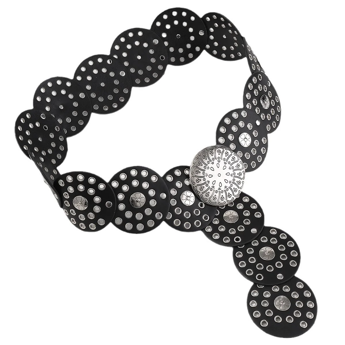 Western Style Hollow Silver Disc Women's Leather Belt - Image 4