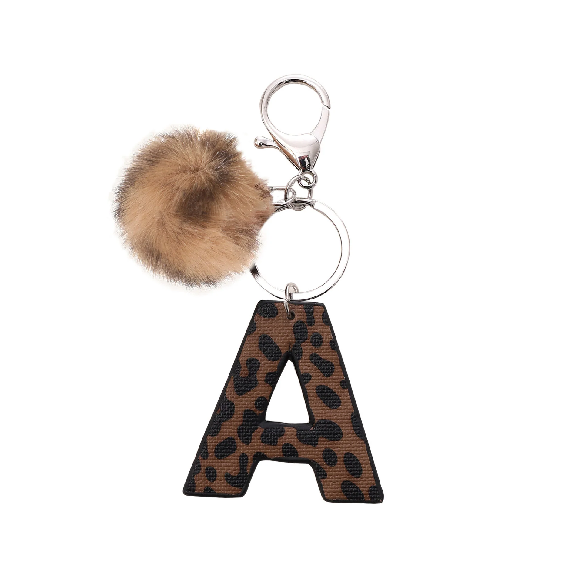 Western Style Leopard Print Letter Leather Keychain With Plush Ball - Image 3