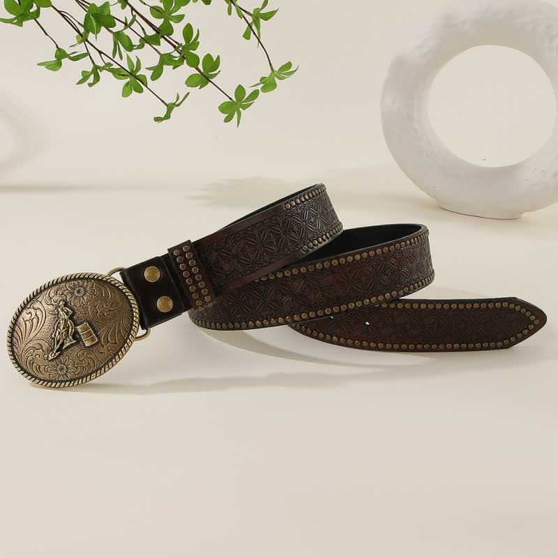 Western Style Rivet Embossed Weave Pattern Leather Belt - Image 2