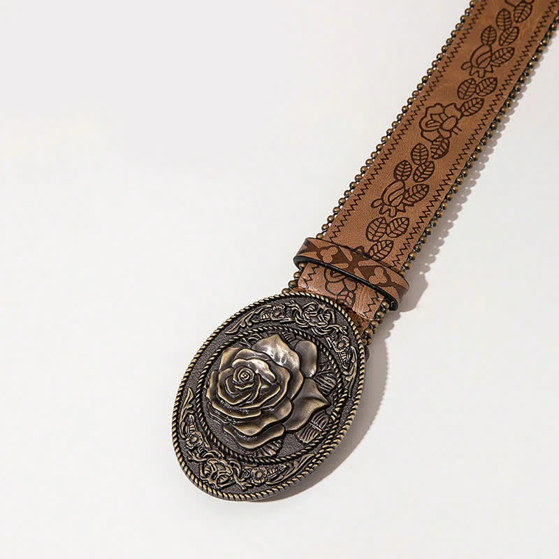 Western Style Rose Shaped Buckle Printed Leather Belt - Image 2
