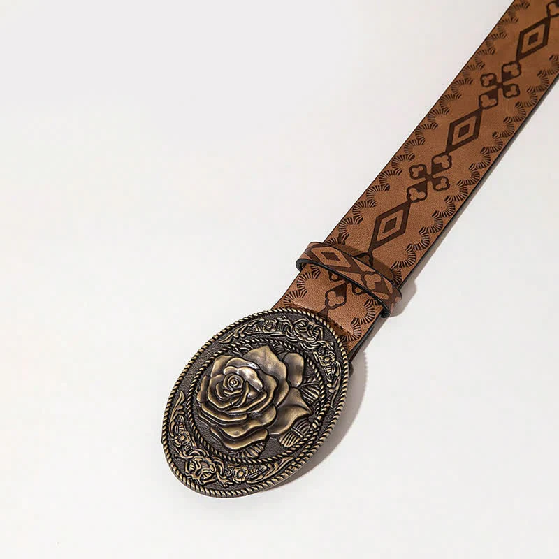 Western Style Rose Shaped Buckle Printed Leather Belt - Image 9