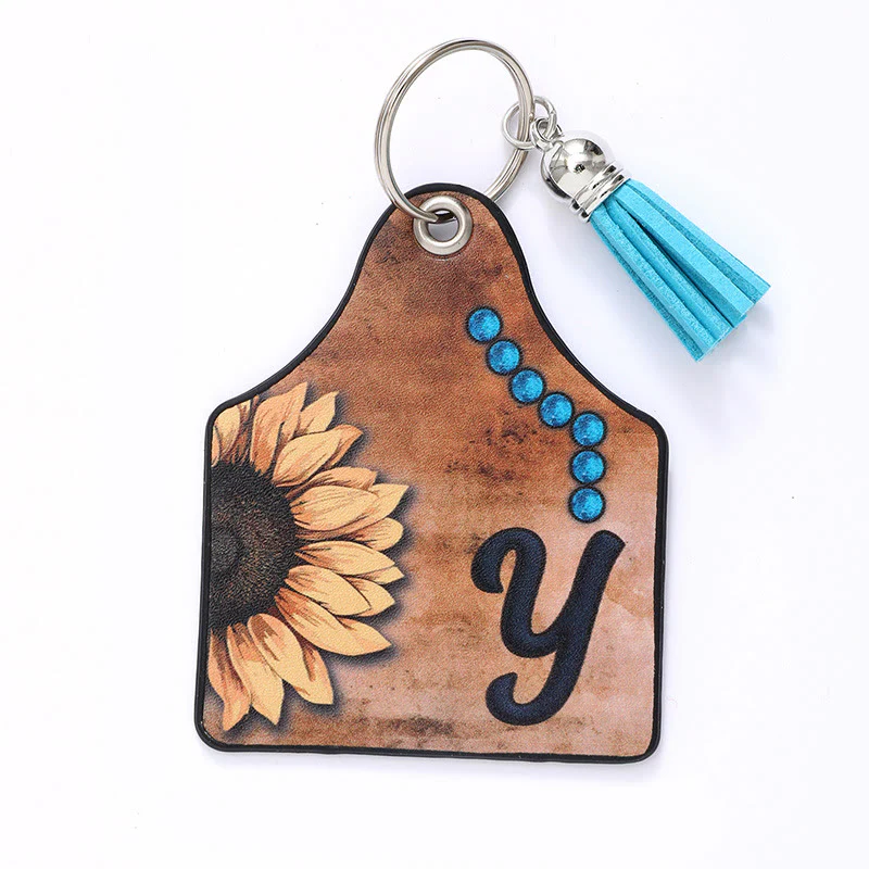 Western Style Sunflower&Letter Tassel Leather Keychain - Image 27