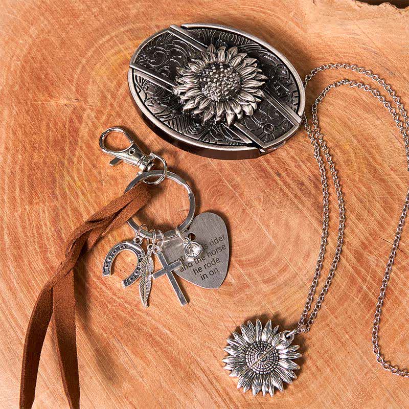 Western Sunflower DIY Hidden Knife Belt Buckle Necklace Keychain Bundle Set - Image 2