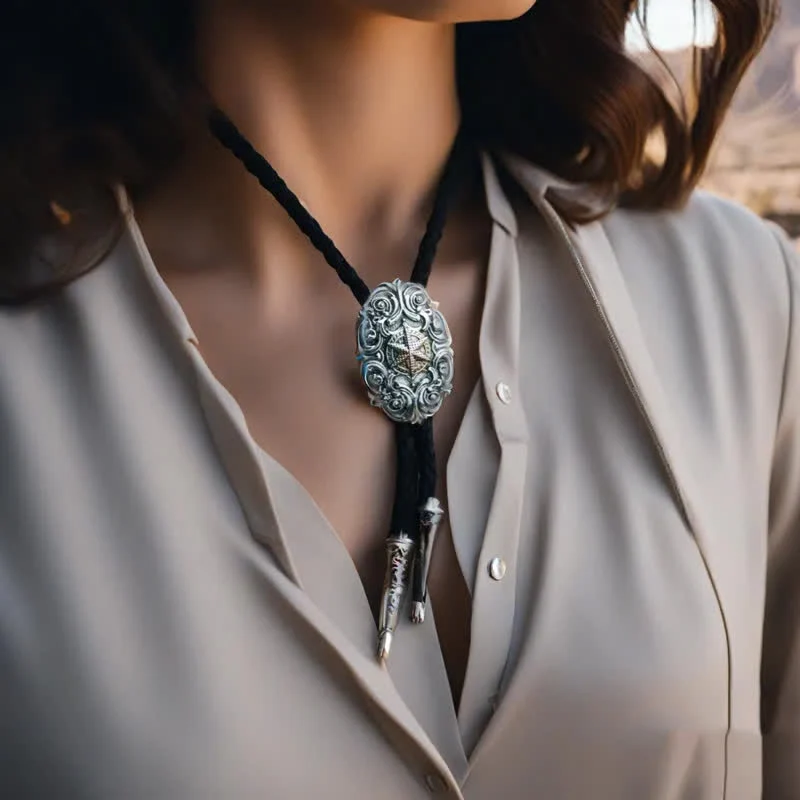Western Texas Silver Star Carving Bolo Tie - Image 2