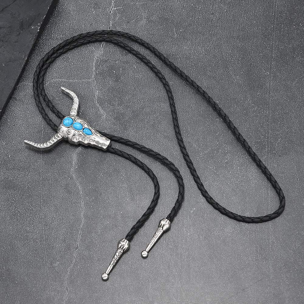 Western Turquoise Bull Pendant Bolo Tie - Image 3