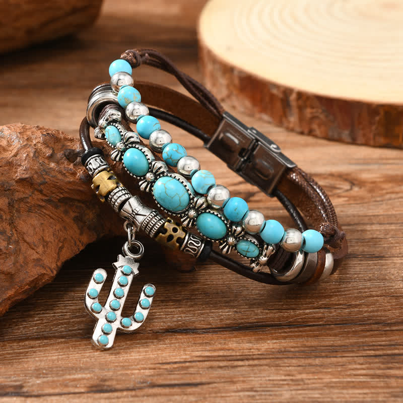 Western Turquoise & Cactus Charm Leather Bracelet