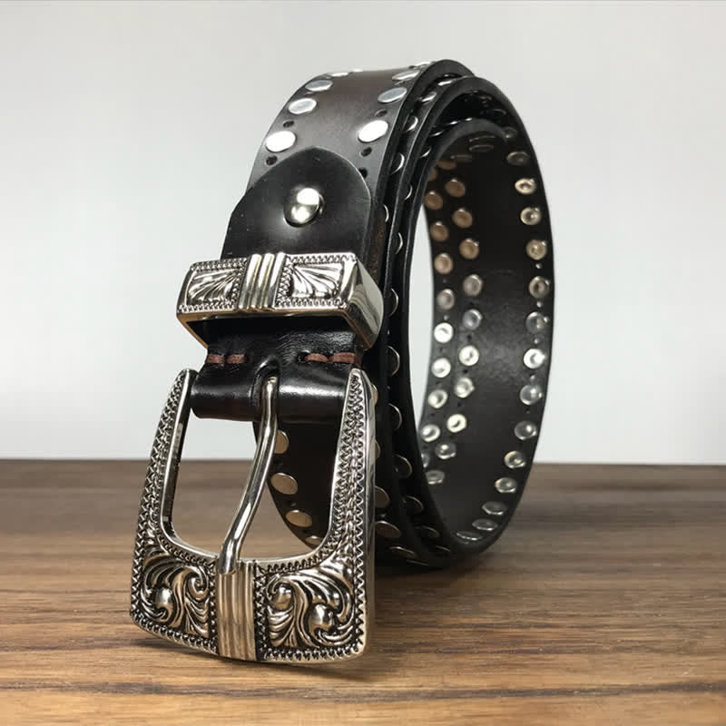 Western Two Rows Round Rivets Studded Leather Belt - Image 2