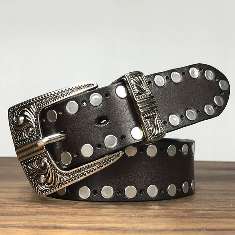 Western Two Rows Round Rivets Studded Leather Belt - Image 3