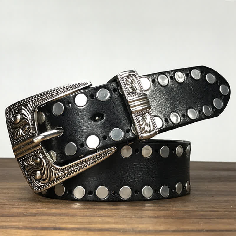 Western Two Rows Round Rivets Studded Leather Belt - Image 4