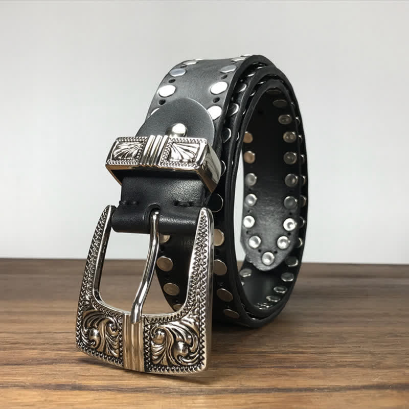 Western Two Rows Round Rivets Studded Leather Belt - Image 5