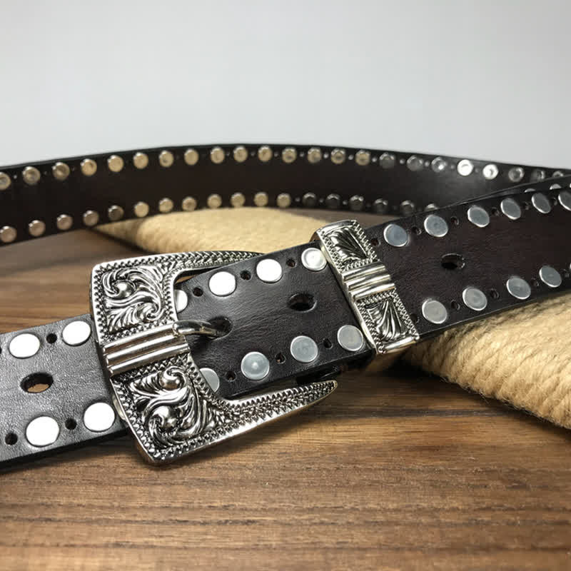Western Two Rows Round Rivets Studded Leather Belt - Image 7