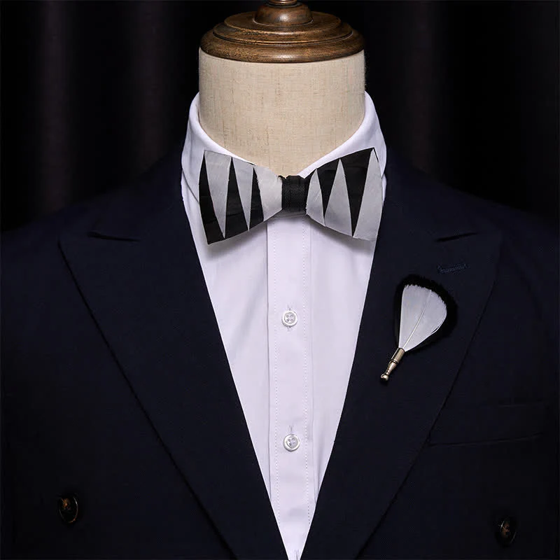 White And Black Feather Bow Tie with Lapel Pin - Image 2