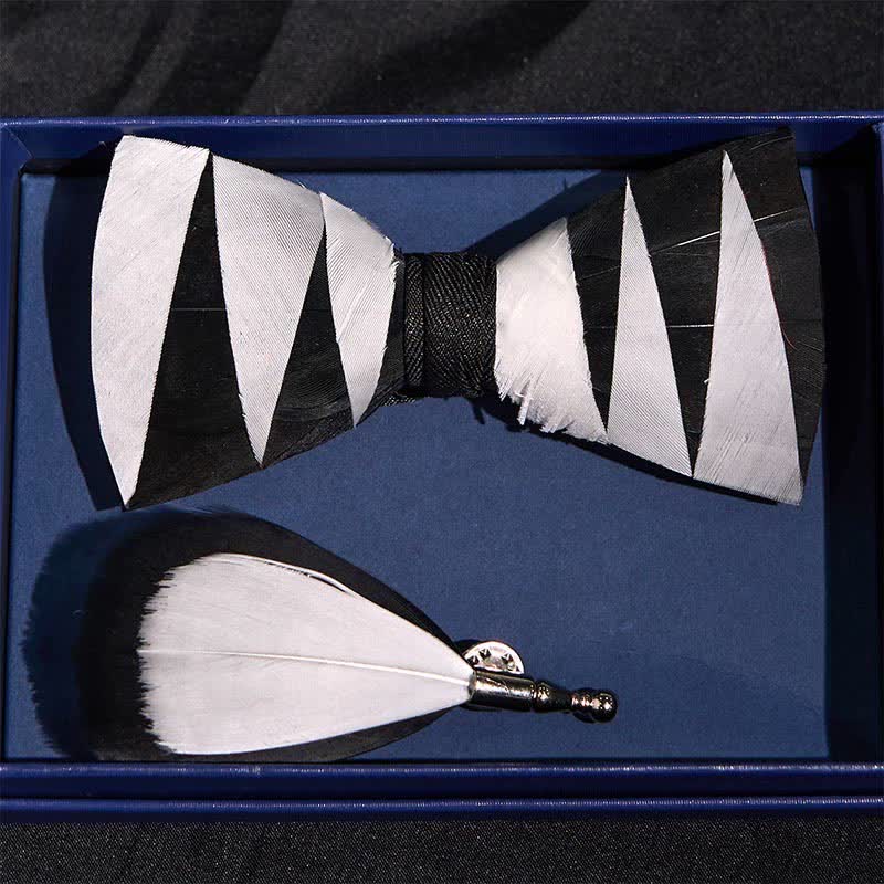 White And Black Feather Bow Tie with Lapel Pin - Image 3