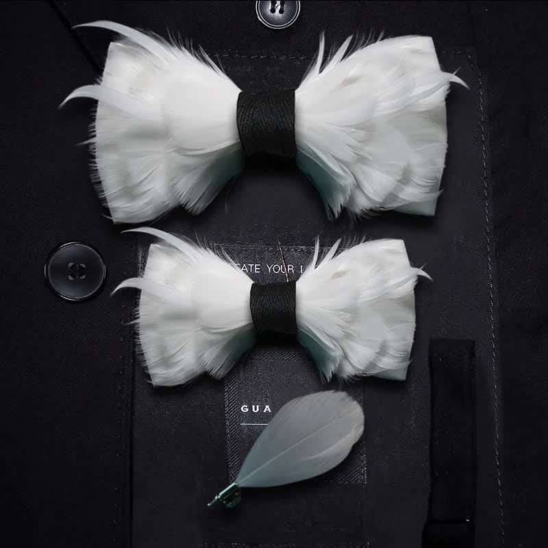 White & Black Elegant Feather Bow Tie with Lapel Pin - Image 5