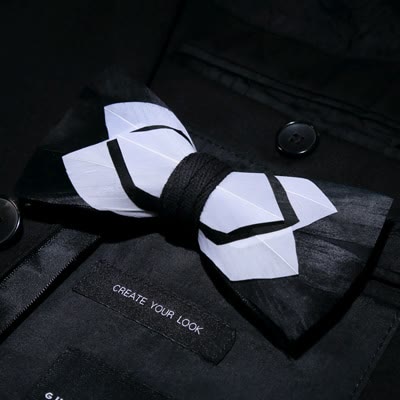 White & Black Understated Feather Bow Tie with Lapel Pin - Image 2